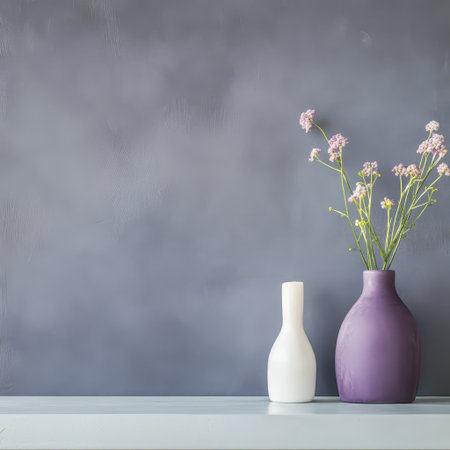 Two elegant vases one white and one purple hold fresh flowers on a sleek table with a muted grey wall in the background.の素材