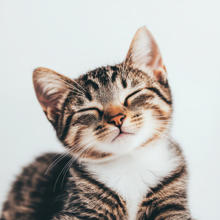 A cute striped kitten smiles contently while posing against a simple white background exuding pure happiness and playfulness.の素材