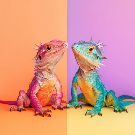 Two vibrant lizards sit side by side showcasing their unique colors on contrasting pastel backgrounds highlighting their textures and patterns.の素材
