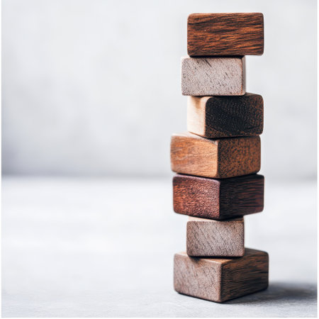 A collection of wooden blocks carefully arranged in a vertical stack on a simple smooth surface against a muted background.の素材