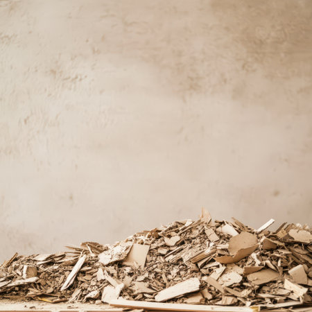 Wood shavings cover a workshop floor indicating recent woodworking activity. The unfinished wall suggests a busy creative environment.の素材