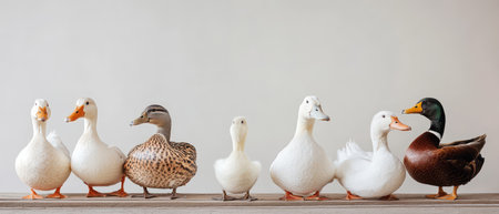 A variety of ducks sit in a row on a wooden surface showcasing their distinct colors and features in soft neutral light.の素材