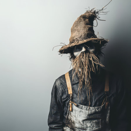 A scarecrow figure wears a burlap hat and has straw for a beard and mouth creating a haunting mysterious presence against a gray backdrop.の素材