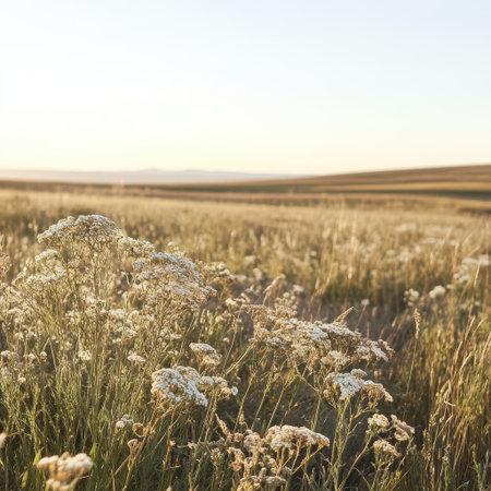 Sunlight illuminates wildflowers in a vast prairie landscape during the golden hour highlighting natures beauty and serenity.の素材