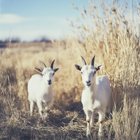 Two white goats wander through a sunny field of golden grass under a clear blue sky showcasing a peaceful rural landscape.の素材