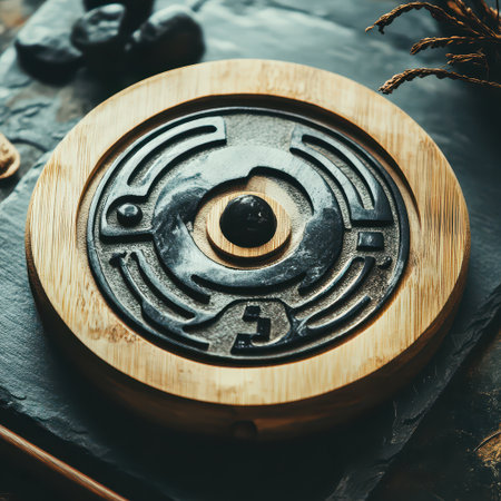 A beautifully crafted wooden puzzle featuring a maze design is centered on a dark stone surface surrounded by natural elements and textures.の素材