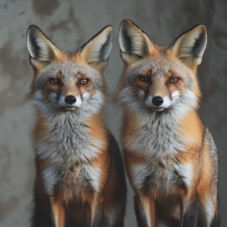 Two red foxes are standing close together showcasing their vivid fur and alert expressions in a rustic outdoor setting.の素材