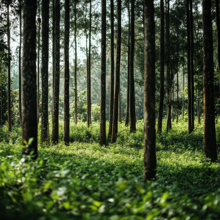 Sunlight filters through tall trees in a dense green forest creating a serene atmosphere filled with lush foliage and tranquility.の素材