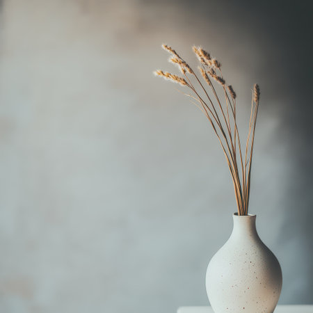 A simple vase holds dried flowers against a neutral wall showcasing a serene and modern decor style suitable for any space.の素材