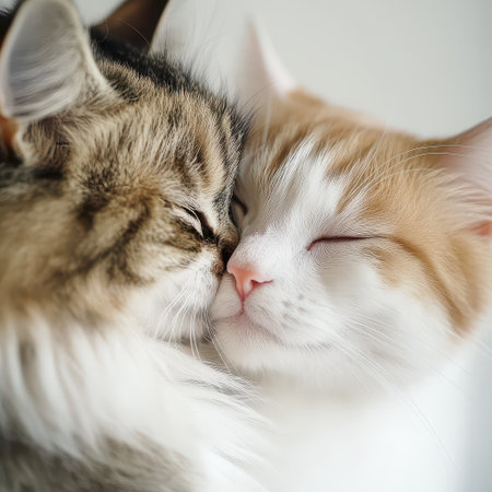 Two adorable cats are snuggled closely showcasing their affectionate bond as they enjoy a peaceful moment together.の素材
