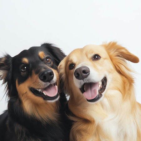 Two joyful dogs sit side by side smiling widely with their tongues out showcasing a playful and friendly atmosphere.の素材