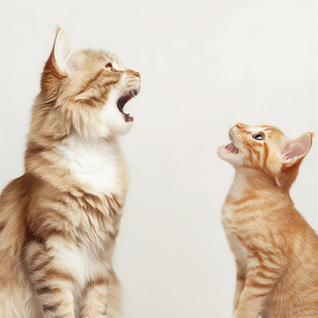 Two cats engaged in a vocal exchange showcasing their playful personalities. Their expressions convey curiosity and excitement.の素材