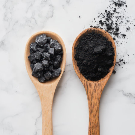 Two wooden spoons hold coarse black salt and fine charcoal powder against a marble background highlighting their texture and color.の素材