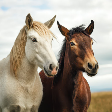 Two horses one white and one brown are standing close together in a vibrant green pasture under a cloudy sky. The setting is peaceful and natural.の素材