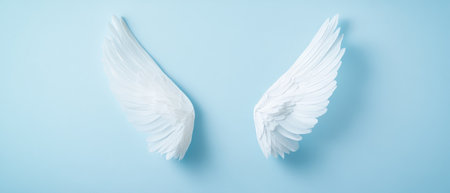 Delicate white wings display intricate details set against a light blue background creating a serene and ethereal atmosphere.の素材