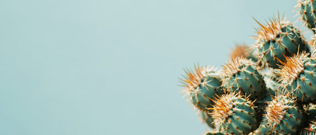 A cluster of green cacti with sharp spines is positioned against a clear blue sky highlighting their resilience and beauty in nature.の素材