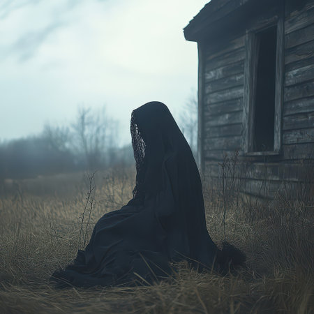 A figure dressed in black sits quietly near an old abandoned house surrounded by tall grass under a moody sky.の素材
