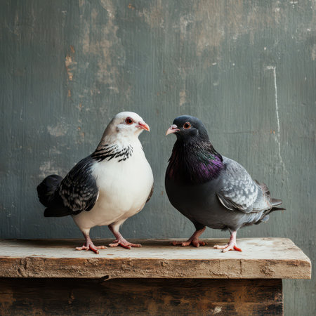 Two pigeons one white and black the other gray with purple stand curiously on a rustic wooden surface against a textured wall.の素材