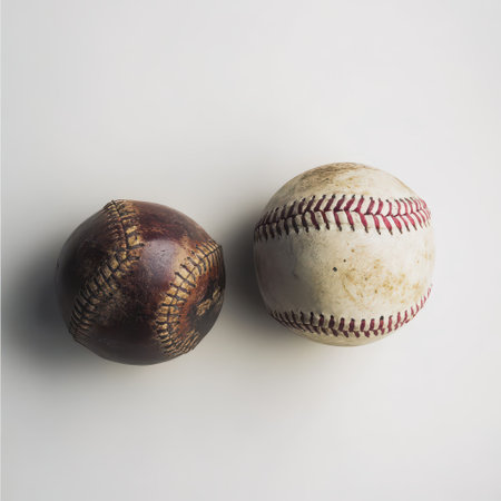 One vintage baseball and one modern baseball lie side by side highlighting their contrasting designs and conditions.の素材