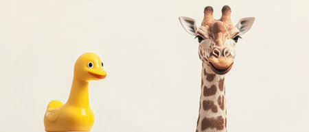 A giraffe toy stands proudly next to a cheerful yellow duck showcasing a playful and imaginative atmosphere in a neutral setting.の素材