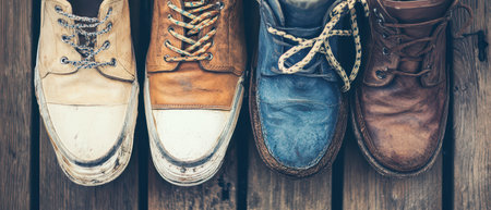 Different styles of worn shoes arranged neatly on a rustic wooden surface showcasing various colors and textures under natural light.の素材