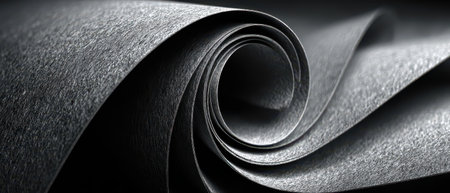 A close up view of black paper swirling softly showcasing its intricate texture under soft illumination emphasizing its artistic form and depth.の素材