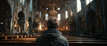 A man sits alone on a wooden pew inside a historic church pondering surrounded by beautiful architecture and soft light.の素材