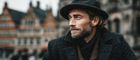 A man with a beard and hat gazes thoughtfully while surrounded by historic buildings in a bustling city square on a cloudy day.の素材