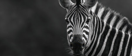 A zebra stands confidently showcasing its distinctive stripes in a stunning black and white contrast. The animal gazes directly at the viewer.の素材