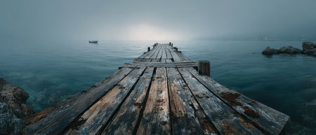A weathered wooden pier stretches into serene fog covered waters as a small boat rests nearby creating a calm atmosphere.の素材