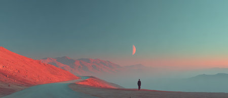 A person walks along a winding road at sunset with mountains in the distance and a crescent moon visible in the sky.の素材