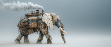 A large steampunk inspired elephant with intricate details walks through a foggy environment showcasing unique machinery and art.の素材