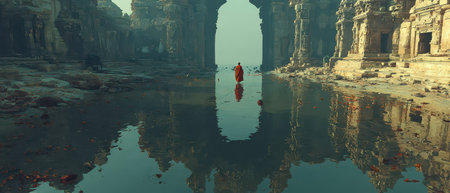 A monk clad in a red robe walks over water reflecting ancient temple ruins surrounded by a serene landscape at dawn.の素材