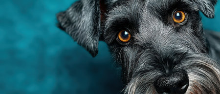 A schnauzer with distinctive features and warm brown eyes looks directly at the viewer against a vibrant blue background.の素材