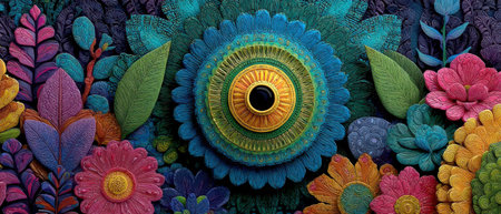 Brightly colored floral designs showcase intricate detailing and vibrant hues creating a lively and stunning visual display in artistic arrangement.の素材