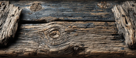Close up view of a rustic wooden surface showcasing deep grooves knots and rich textures that highlight natural aging.の素材