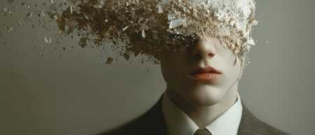 A young man in formal attire experiences a surreal disintegration at the head blending reality with an abstract concept of thoughts dispersing.の素材