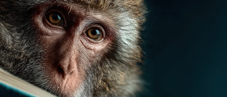 A monkey gazes intently with wide eyes showcasing its fur and features in warm sunlight evoking a sense of curiosity and wonder.の素材