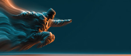 A figure in motion leaps dramatically through an abstract background surrounded by flowing colors that convey speed and energy.の素材