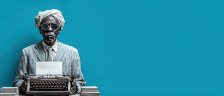 An older man dressed in a striped suit and turban sits at a vintage typewriter. He wears sunglasses and focuses intently on his work.の素材