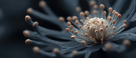 A close up captures the intricate details of a flower showcasing its delicate petals and unique reproductive structures against a dark background.の素材