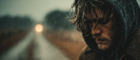 A young man stands under heavy rain along an empty road lost in thought with a distant light visible in the background.の素材