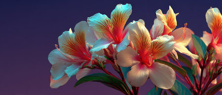 Vibrant flowers bloom with striking colors against a soft twilight sky showcasing natures beauty at dusk.の素材