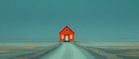 A striking red house sits isolated on a dirt road surrounded by an expansive barren landscape under a moody blue sky.の素材
