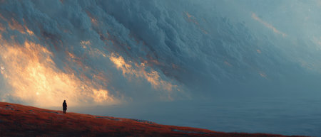A person stands on a grassy shore gazing at a vibrant sunset reflecting on the calm sea highlighting natures beauty and solitude.の素材