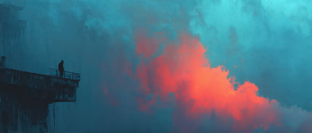A solitary figure stands on a platform overlooking a foggy river. Vibrant clouds in shades of blue and orange create an atmospheric backdrop at dusk.の素材