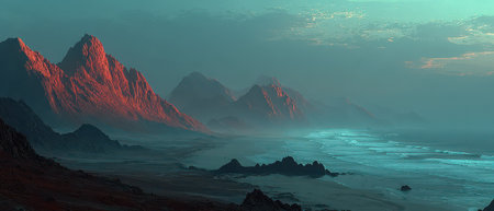 Majestic mountains line a tranquil coastline at dusk reflecting the sunsets hues on the water and sand creating a serene atmosphere.の素材