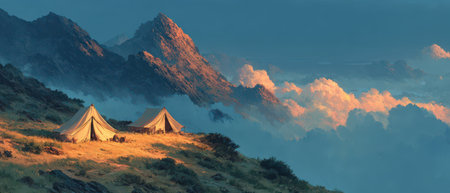 Two tents are pitched on a hillside overlooking mountains and clouds during a vibrant sunset creating a serene camping atmosphere.の素材