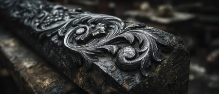 Detailed wood carving featuring floral designs rests on a workbench in a craft workshop showcasing artistry and craftsmanship.の素材