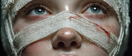 A girl with striking blue eyes gazes forward her face partially covered in bandages stained with blood suggesting a serious injury or trauma.の素材